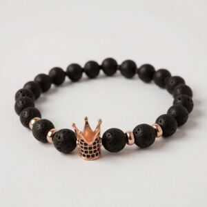 Rose Gold Crown and Black Lava Stone Beads Bracelet